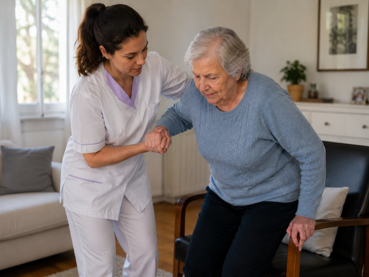 Aide-soignante accompagnant une personne âgée